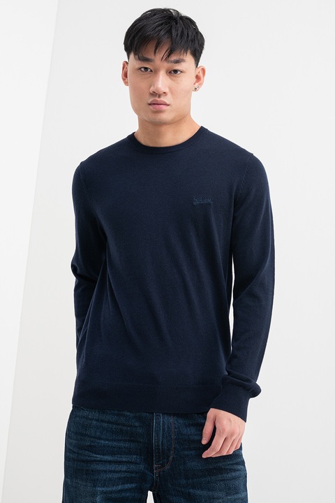 GUESS, Pulover cu decolteu la baza gatului si logo, Bleumarin