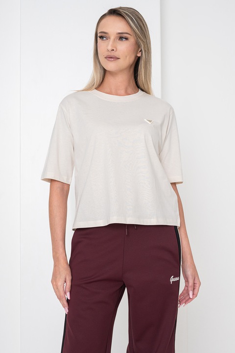 GUESS, Tricou din bumbac cu decolteu la baza gatului, Crem