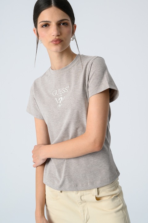 Guess, Tricou cu logo brodat pe piept, Maro deschis