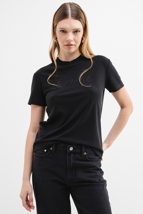 GUESS, Tricou cu logo pentru fitness, Negru stins