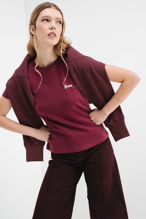 GUESS, Tricou cu decolteu la baza gatului, Violet tyrian, XS