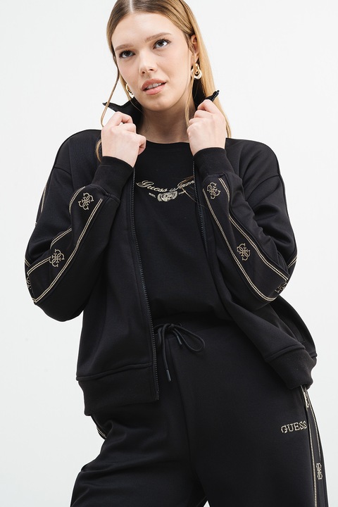 GUESS, Bluza de trening cu fermoar si imprimeu logo discret, Negru