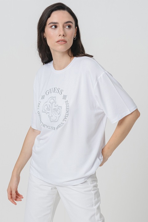 GUESS, Tricou supradimensionat cu logo brodat, Alb optic/Argintiu