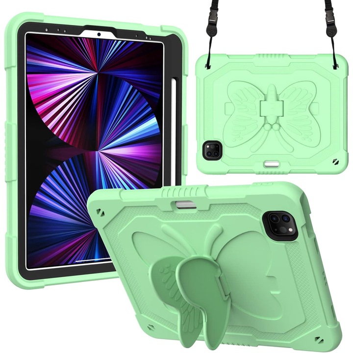 Husa premium Sigloo pentru Apple iPad Mini 7/6 (2024/2021), 8.3", Protectie Completa, Suport Creion, Stand Fluture, Curea Umar, Anti-Soc, Verde