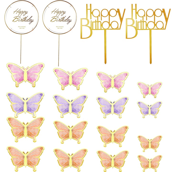 Set complet de decorare a torturilor 44 piese, Trexora, design fluture 3D, usor de utilizat, multicolor