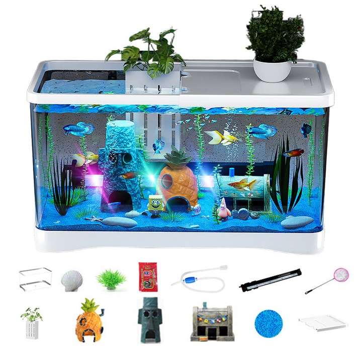 Acvariu desktop Golxmse, cu lumina LED colorata, 10 accesorii, 30.5x18.5x18.5cm, alb