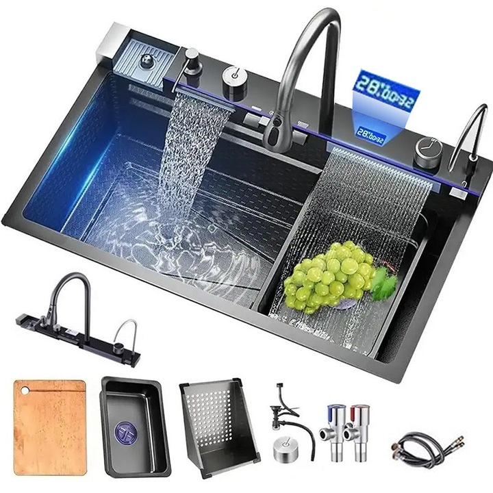 Set Chiuveta Multifunctionala Smart, SUPER TRENDS®, Premium, Doua Cascade, Iluminare Ambientala, Afisaj Digital, Dozator Detergent, Spalator Pahare, Baterie Extensibila cu 3 Functii, Tocator, Tava si Sita Inclusa, Sistem Preaplin, Anti Zgarieturi, 75x45cm