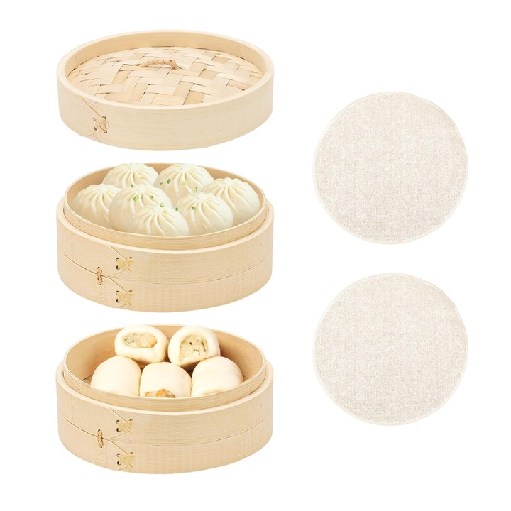 Bulzeu Aparat De Gatit Cu Abur Din Bambus, Aparat De Gatit Cu Abur Cu 2 Niveluri, Ø 21Cm, Cos De Gatit Cu Abur Din Bambus, Cos De Gatit Asiatic Cu 2 Carpe De Bumbac, Pentru Orez, Dim Sum, Legume, Galuste Cu Carne Si Peste