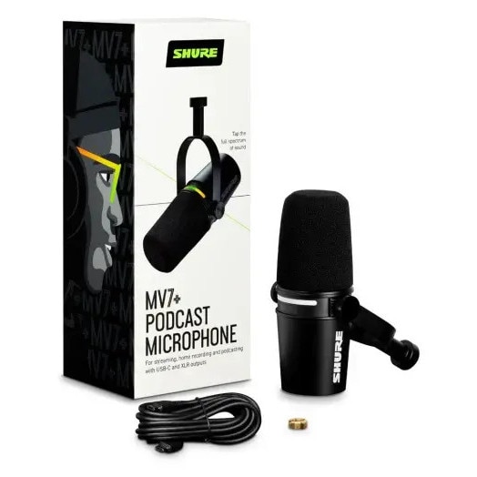 Microfon dinamic, Shure MV7, 3 m, negru, cu conexiune USB-C si