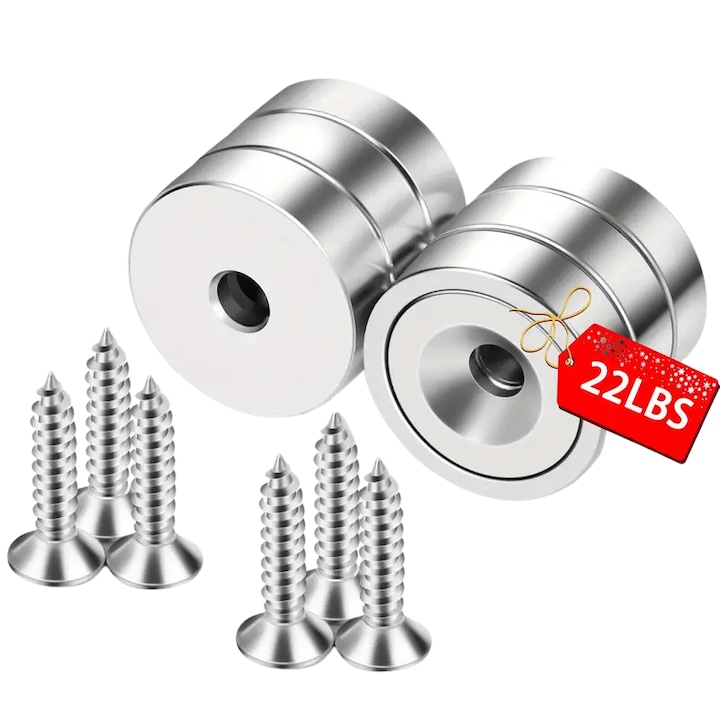 Magneti puternici neodim rotunzi cu gaura, include suruburi, 16 mm, 9.98 kg - 6 buc