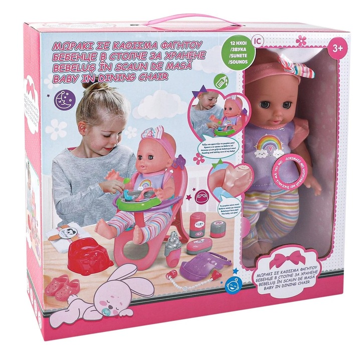 Set Scaun de Masa cu Papusa Bebelus Sunete si Accesorii