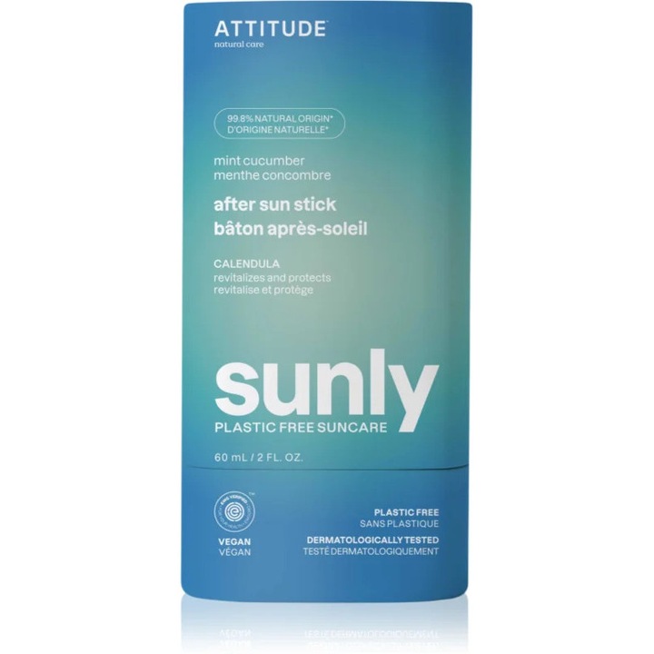 Crema calmanta dupa plaja Attitude Sunly Plastic Free Suncare, menta, castravete, 60g