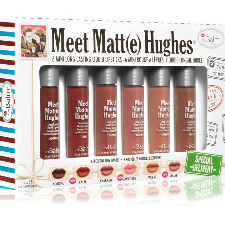 theBalm Meet Matt(e) Hughes Mini Kit Special Delivery folyékony rúzskészlet, 6 árnyalat, 7,2 ml