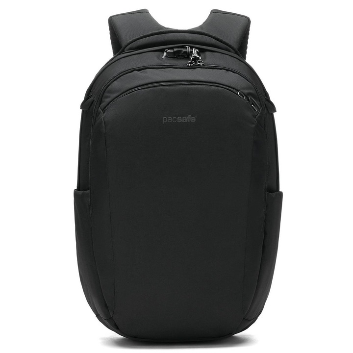 Rucsac urban antiefractie Pacsafe V 26 l, 3 compartimente, material ecologic, negru, 46x29x18,5cm