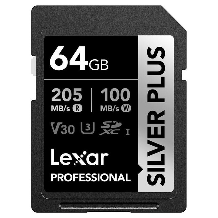 Card memorie Lexar SDXC 64GB Professional SILVER Plus UHS-I, 205MB/s, 150MB/s, 4K, V30