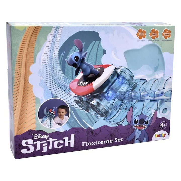Set pista de curse flexibila Smoby Stitch Flextreme, 4 metri, vehicul luminos, pentru copii peste 4 ani