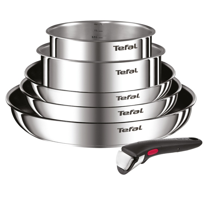 Комплект тигани Tefal Ingenio Cook Eat, 6 елемента, черна неръждаема стомана, различни размери