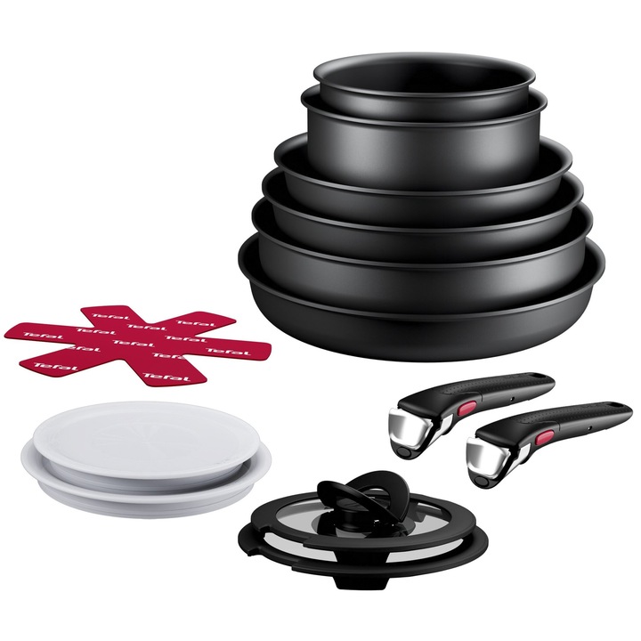 Комплект тигани Tefal Ingenio Eco Resist, 13 елемента, черен, 22x24x28см