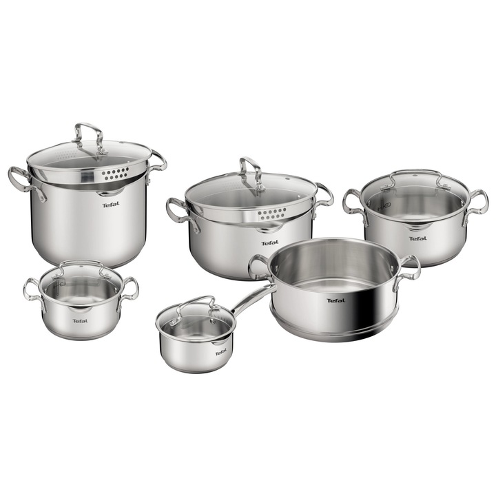 Комплект тенджери Tefal Duetto+, 11 елемента, неръждаема стомана, 2.9 л - 6.1 л, сребрист