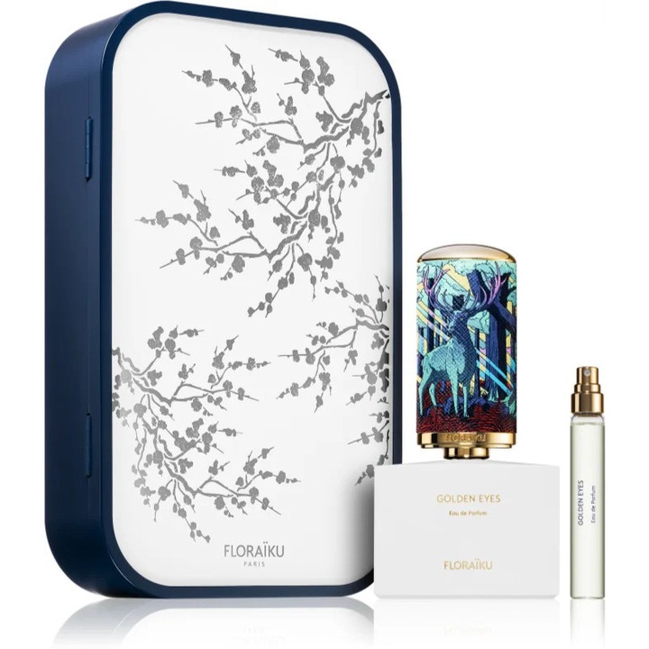 Set parfumuri unisex Floraiku Golden Eyes, 50ml si 10ml, flacon stilat, parfum lemnos-aromatic