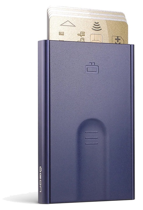 Etui RFID pentru carduri, Ogon Design Slider, compact, aluminiu, 9.7x6.4x1.1cm, albastru marin