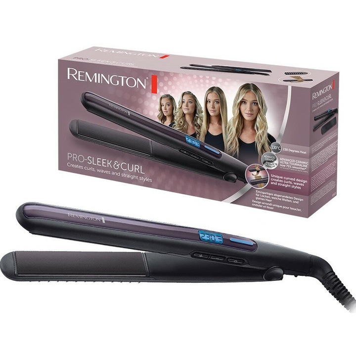 Преса за коса Remington Pro-Sleek & Curl, 230°C, керамична, черно-лилава