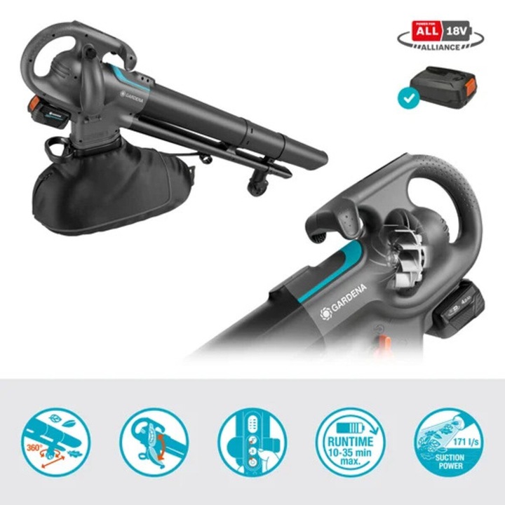 Suflanta de frunze Gardena, 18V, cu acumulator si incarcator, 30L, negru, 43x40.5x17.3cm