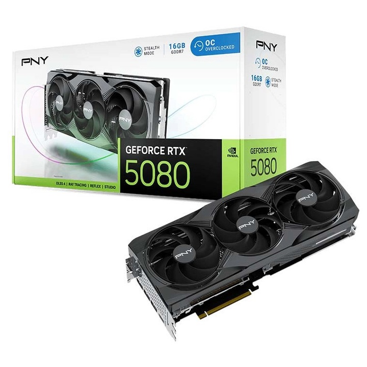 PNY GeForce RTX 5080 Overclocked 16GB GDDR7 256bit графична карта, 3 вентилатора, поддръжка на 4 монитора