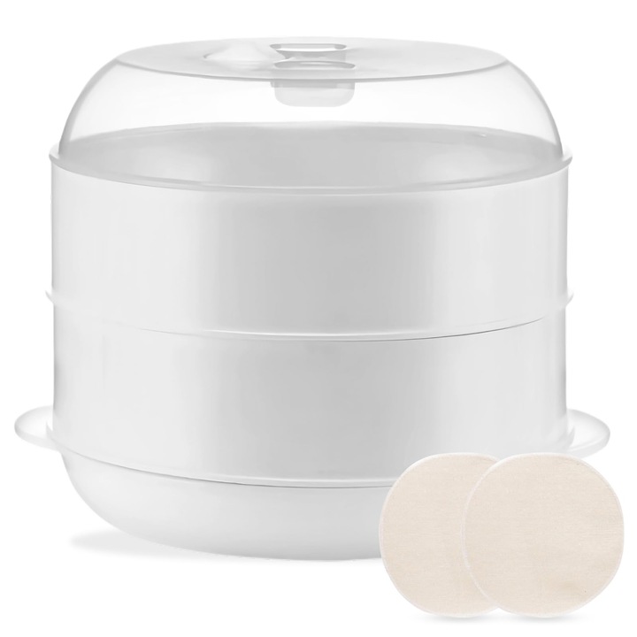 Aparat De Gatit Cu Abur Pentru Microunde Cu 2 Recipiente De Gatit: Pritok 21, 5 X 21, 5 X 16 Cm, Aparat De Gatit Cu Abur Pentru Microunde Cu Sita, Aparat De Gatit Cu Abur, Gatit Rapid, 4L, Alb