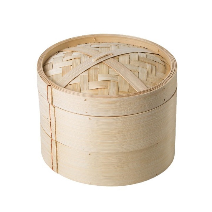 Aparat De Gatit La Abur Din Bambus, 15 Cm, Cos De Gatit La Abur Cu Doua Niveluri/Abur Pentru Dim Sum, Inclusiv Capac Din Bambus Si 2 Cosuri Din Bambus, Ideal Pentru Bucatarie Asiatica, Chifle, Galuste, Legume Si Peste