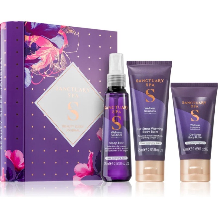 Sanctuary Spa Wellness ünnepi ajándékkészlet, 75 ml alváspermet, 75 ml testbalzsam, 50 ml testvaj, alvómaszk