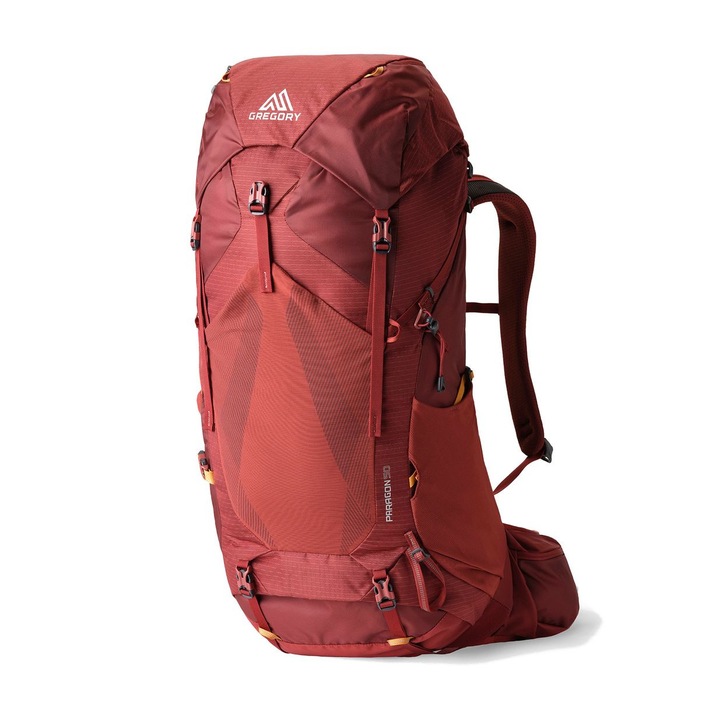 Rucsac trekking Gregory, Paragon 50 l, rosu, sistem de purtare FreeFloat, pentru barbati si femei