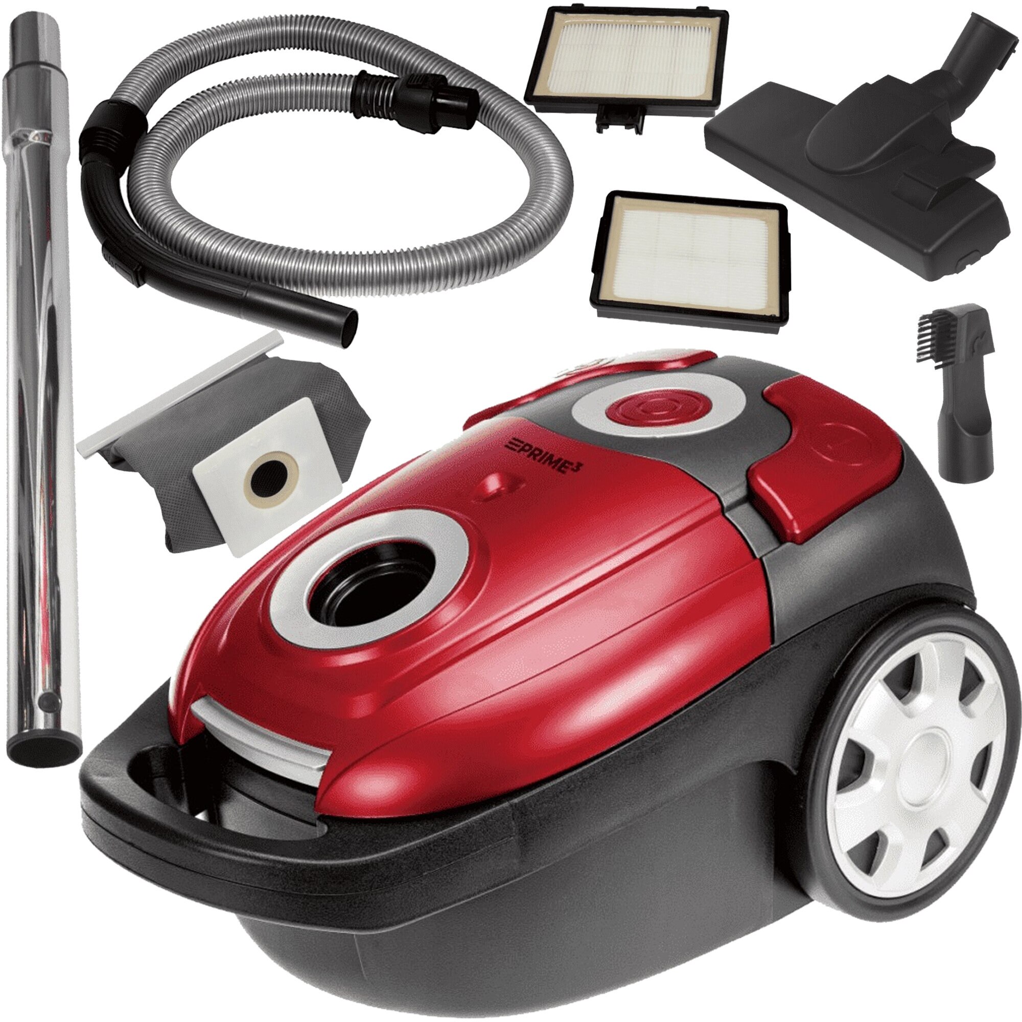 Aspirator cu sac PRIME3 SVC51, 700W, rosu, 4.8m cablu, sistem de filtrare HEPA