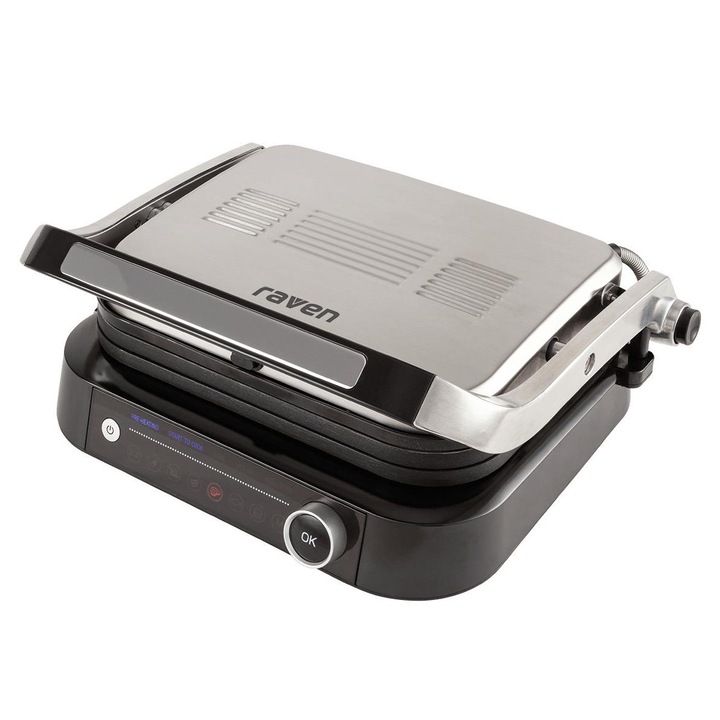 Електрическа скара, Raven EGE004, 2100W, повърхност за печене 1420см², сребристо и черно, размери 38x18x34см