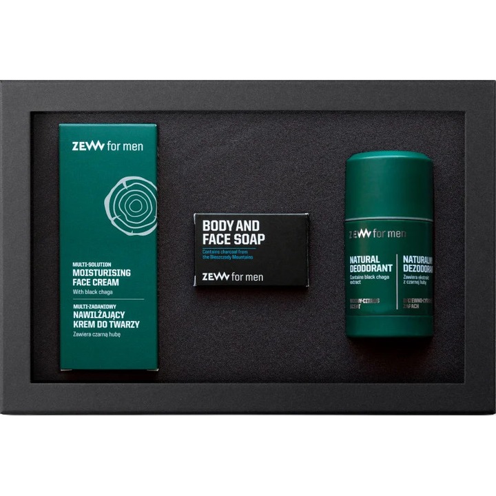 Set de ingrijire pentru barbati Zew For Men, crema hidratanta 30 ml, sapun 85 g, deodorant roll-on 80 g