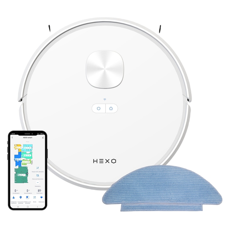 HEXO Интелигентен робот за почистване, бял, 32x32x9.5 см, 2 програми за почистване, HEPA филтър