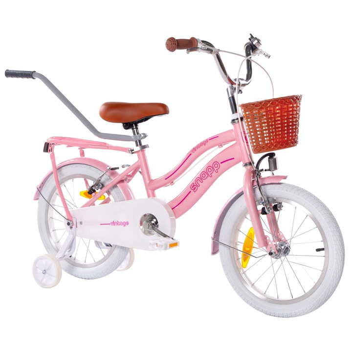 Bicicleta pentru copii Huffy Vintage 16 inch, roz perlat, cu suport pentru bagaje si roti laterale