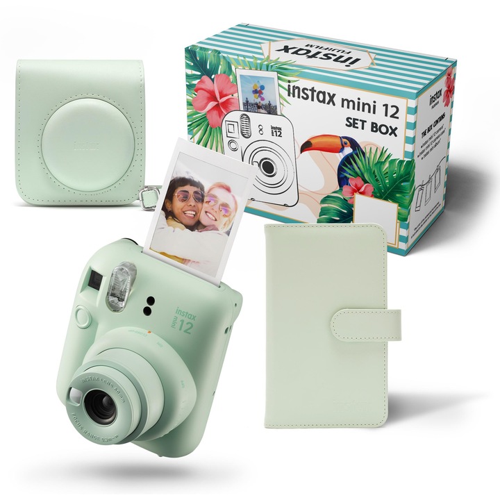 Fujifilm Instax Mini 12 фотоапарат за моментални снимки, зелен, комплект с калъф и албум, 122x106x66.6 мм