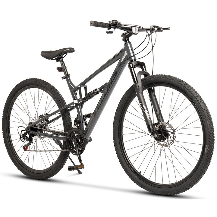 Bicicleta MTB cu Roti de 29", Echipare Shimano/Carpat, Manete Secventiale, Frane DISC, 21 Viteze, gri/negru, Mountain Bike Velors Trail 2.9 Genius cu Dubla Suspensie