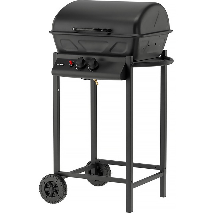 Грил LUND, 2 горелки, 48x38 см, черен, с колелца, капак