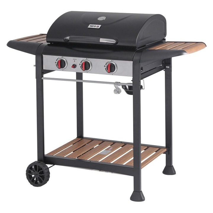 Грил за тревна площ Yato, 3 горелки, 60x42 см, черен, с колелца и капак