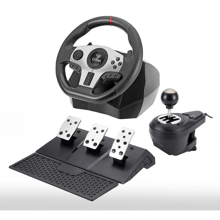 Cobra GT900 Pro Rally kormánykerék pedálokkal, fekete, 900°-ban forgatható, PS4, PS3, Xbox One, Xbox 360, PC és Nintendo Switch konzolokhoz