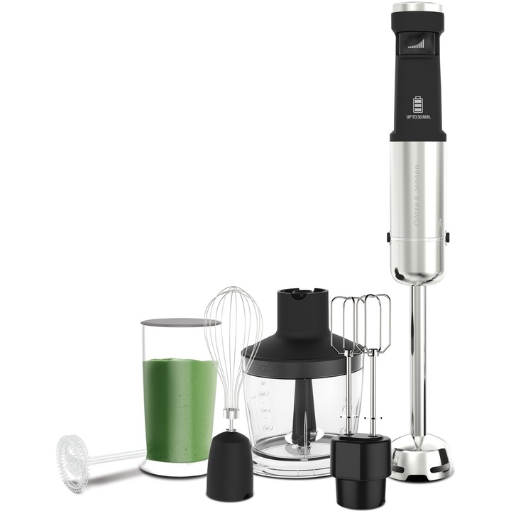 Безжичен блендер, GOTZE & JENSEN, 10 скорости, сребристо-черен, 0.6 л, комплект с разпенител за мляко