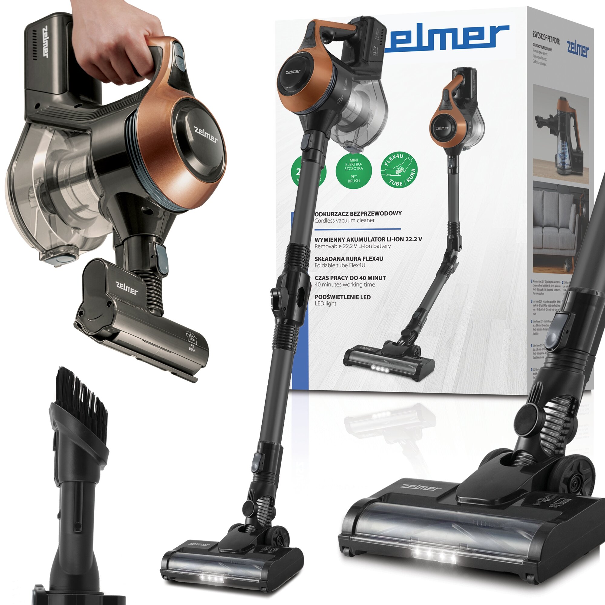 Aspirator fara fir Zelmer, model ZSVC512DF, 22.2V, 40 min autonomie, 0.8L, negru