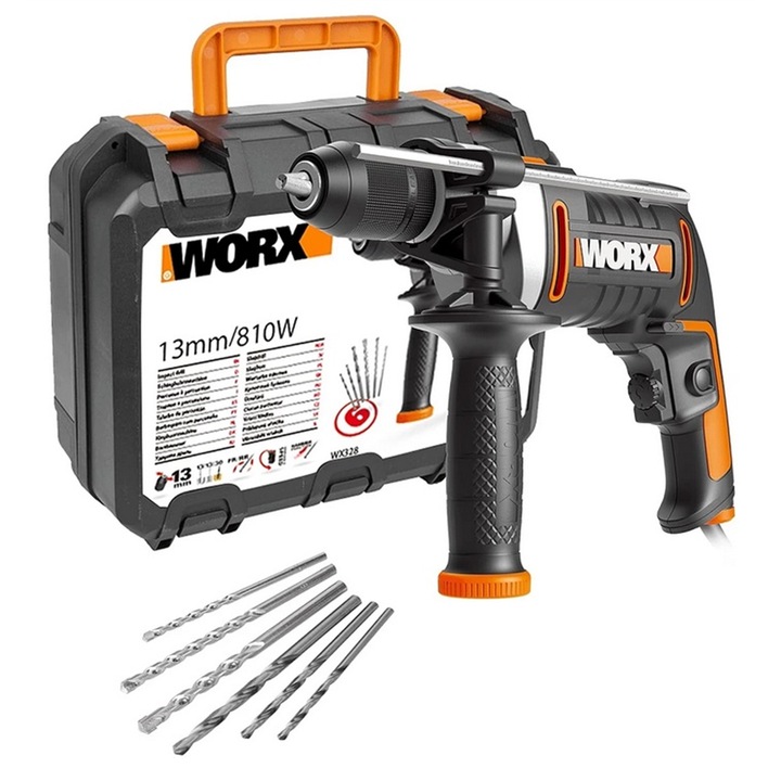 Masina de gaurit si insurubat Worx WX328, 800W, 13mm, cu maner lateral, cutie de transport