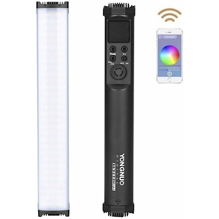 YN-360 Mini LED lámpa, YONGNUO, 31 világítási effektus, Bluetooth, 2700-7500K, 4,5x3,5x29cm, szett tartozékokkal