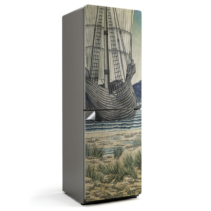 Autocolant decorativ frigider, Wallfluent, O corabie pe valurile marii, Albastru, 60x180 cm, 010120180020000284082