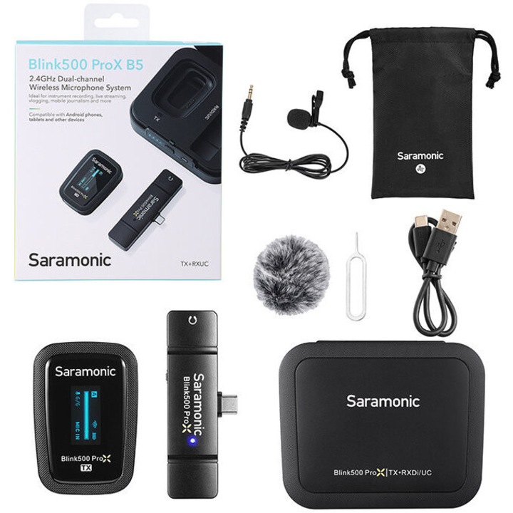 Sistem wireless Saramonic Blink500 ProX B5, microfon lavalier, negru, dimensiuni 15.5x38x56mm, set complet
