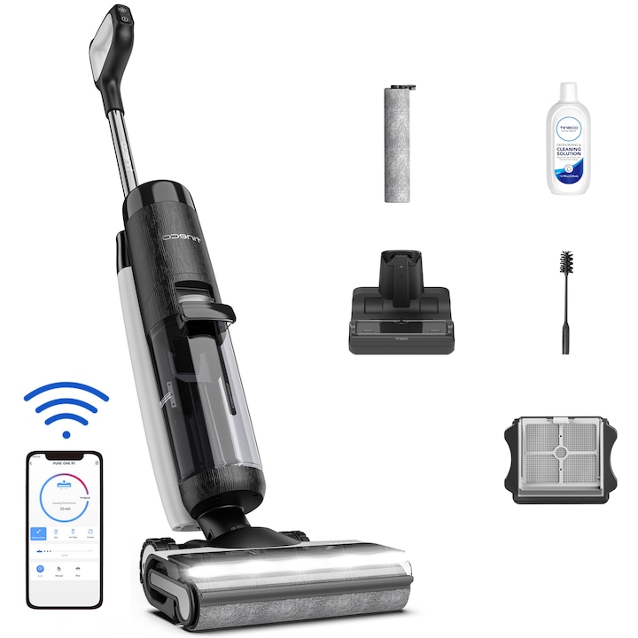 Прахосмукачка за домашни любимци TINECO Floor One S7 Flashdry, черно-бяла, 0.72 л, 0.85 л, с електрическа четка и LED осветление