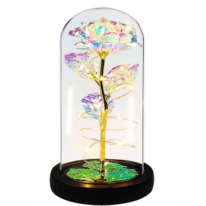 Aranjament floral cu trandafir din plastic in cupola de sticla, Ronyes, cu lumina LED, multicolor